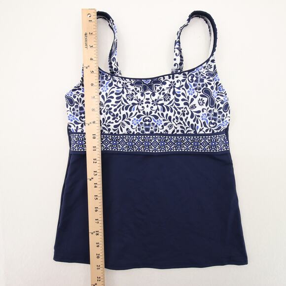 Lands End Tankini Top Navy Blue White Pattern Underwire Scoop Neck Size 8 - Picture 4 of 8